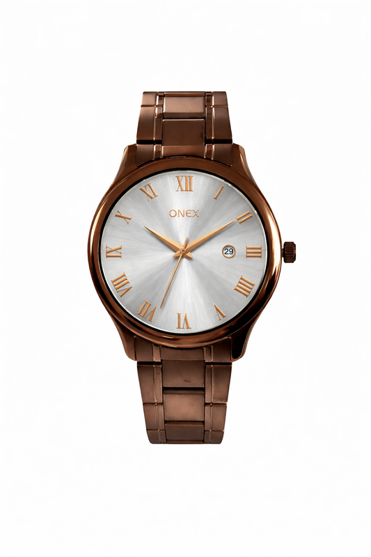 ONEX Men’s Analog Watch with Date | Silver Sunray Dial | Brown Stainless Steel Strap | Roman Index Classic Gents Wrist Watch