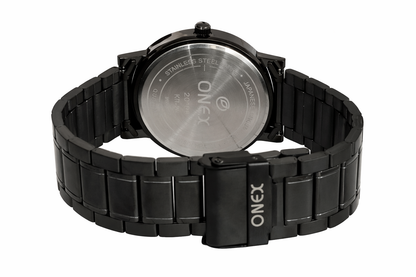 ONEX Men's Stainless Steel Analog Watch with Black Dial & Rose Gold Roman Numerals | Classic Quartz Wrist Watch for Men | Premium Black Strap