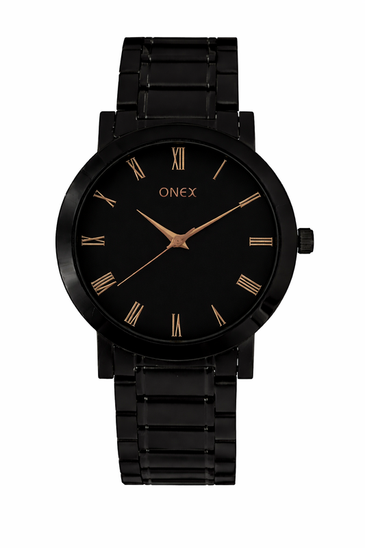 ONEX Men's Stainless Steel Analog Watch with Black Dial & Rose Gold Roman Numerals | Classic Quartz Wrist Watch for Men | Premium Black Strap