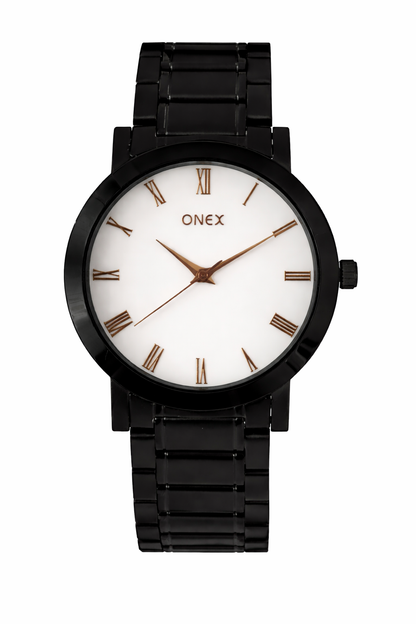 ONEX Men's Stainless Steel Analog Watch with Silver Dial & Rose Gold Roman Numerals | Classic Quartz Wrist Watch for Men | Premium Black Strap