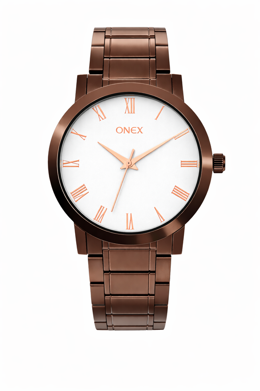 ONEX Men's Stainless Steel Analog Watch with Silver Dial & Rose Gold Roman Numerals | Classic Quartz Wrist Watch for Men | Premium Brown Strap