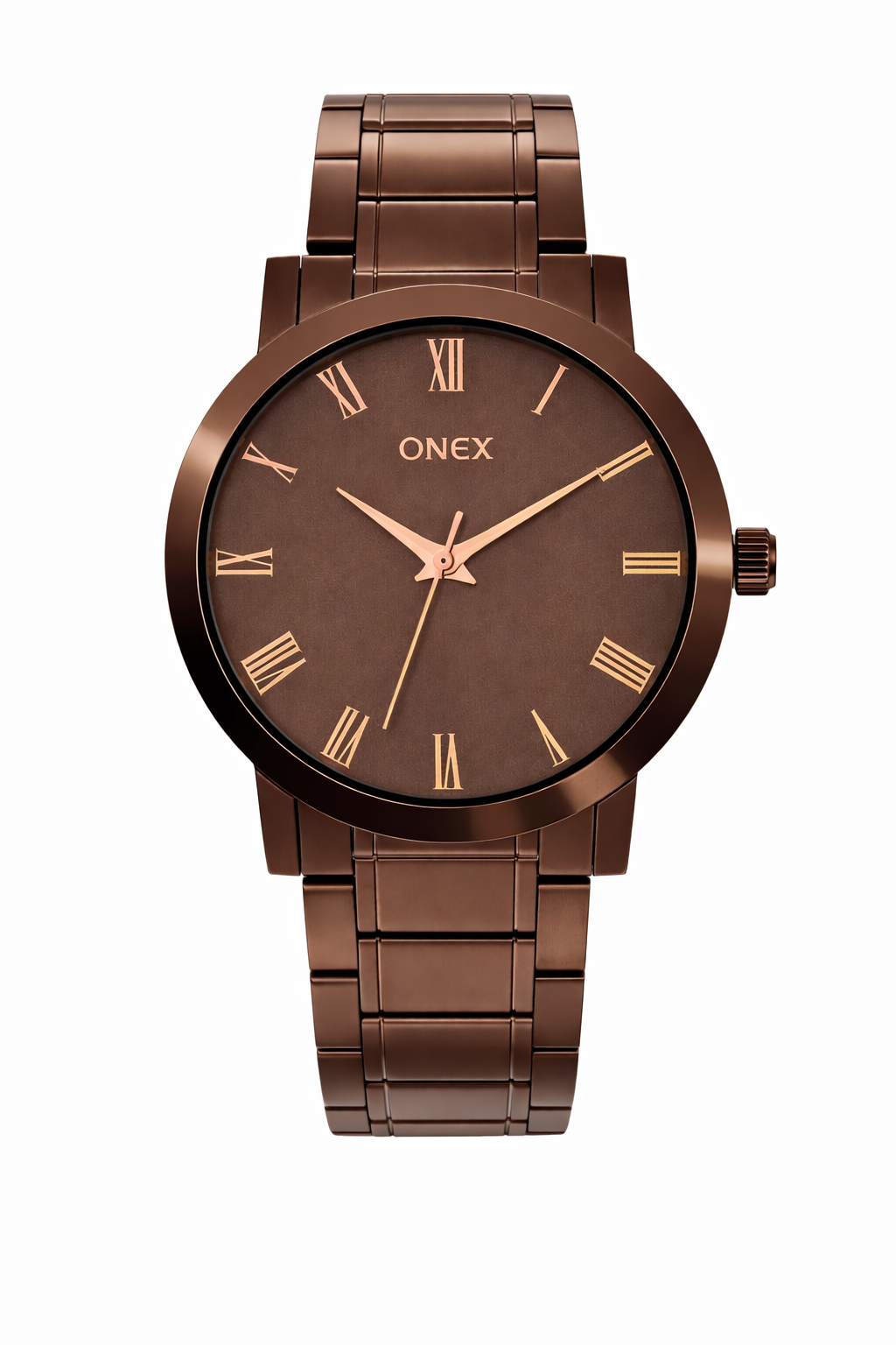 ONEX Men's Stainless Steel Analog Watch with Brown Dial & Rose Gold Roman Numerals | Classic Quartz Wrist Watch for Men | Premium Brown Strap