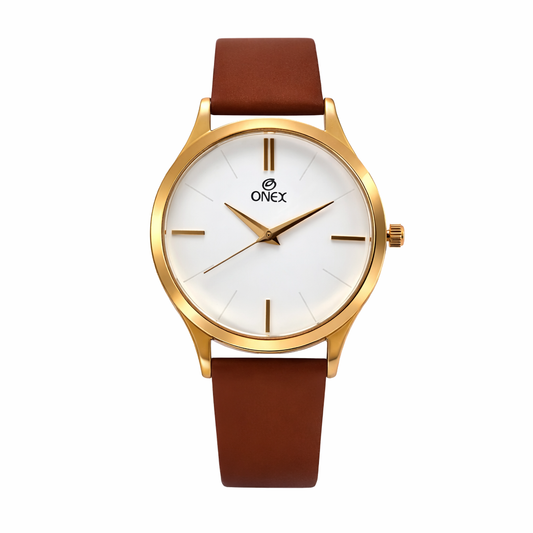 Onex Men’s Classic Gold Dial Analog Watch with Brown Leather Strap | Minimal Slim Design | Premium Quartz Movement