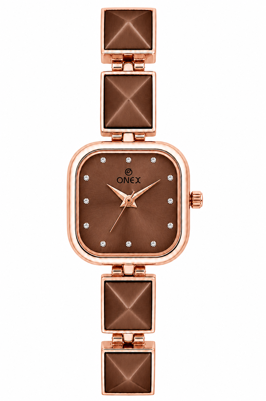ONEX Women’s Rose Gold Square Dial Bracelet Watch with Crystal Studded Brown Dial
