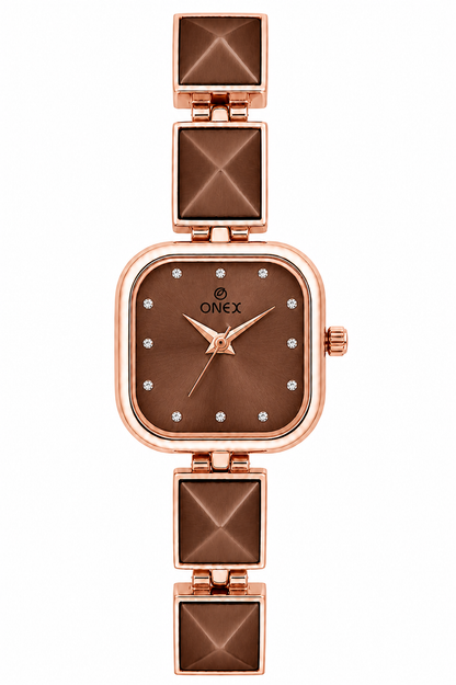 ONEX Women’s Rose Gold Square Dial Bracelet Watch with Crystal Studded Brown Dial