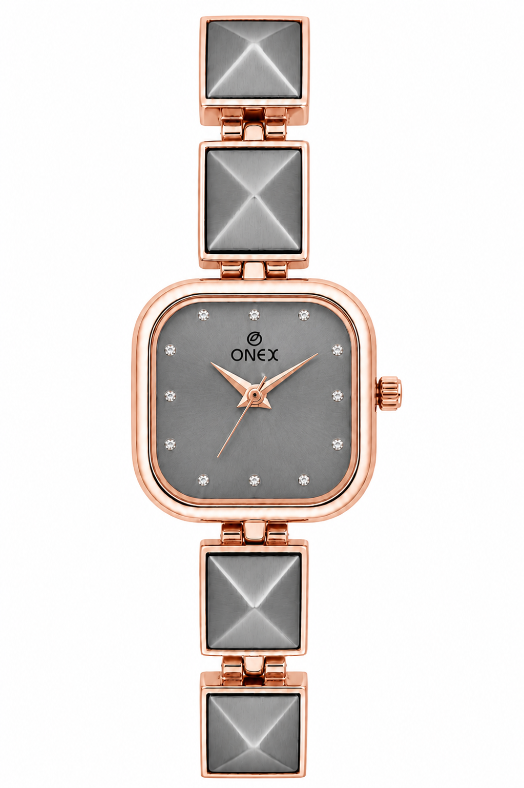 ONEX Women’s Rose Gold Square Dial Bracelet Watch with Crystal Studded Grey Dial