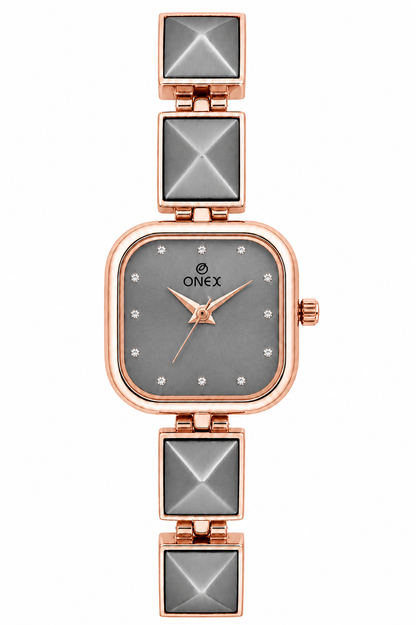 ONEX Women’s Rose Gold Square Dial Bracelet Watch with Crystal Studded Grey Dial