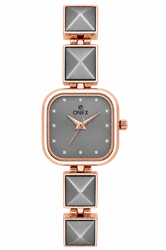 ONEX Women’s Rose Gold Square Dial Bracelet Watch with Crystal Studded Grey Dial