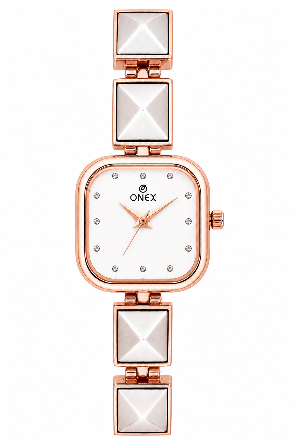 ONEX Women’s Rose Gold Square Dial Bracelet Watch with Crystal Studded White Dial