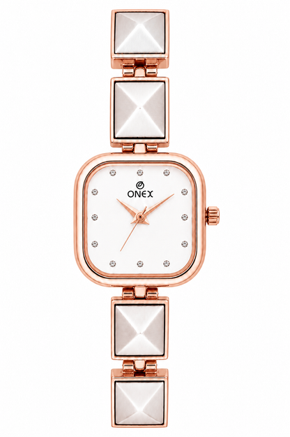 ONEX Women’s Rose Gold Square Dial Bracelet Watch with Crystal Studded White Dial