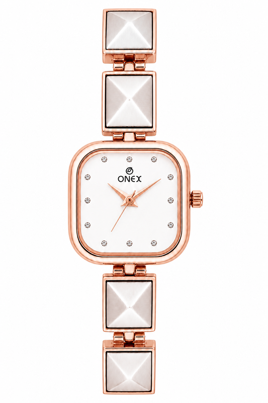 ONEX Women’s Rose Gold Square Dial Bracelet Watch with Crystal Studded White Dial