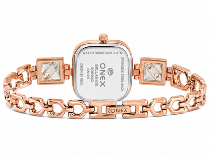 ONEX Women’s Rose Gold Square Dial Bracelet Watch with Crystal Studded Grey Dial