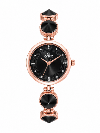Onex Women’s Rose Gold Designer Bracelet Watch with Black Textured Dial