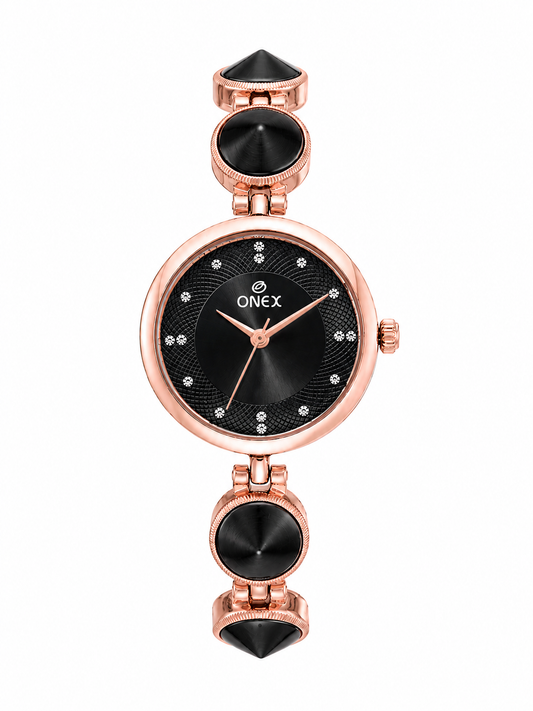 Onex Women’s Rose Gold Designer Bracelet Watch with Black Textured Dial