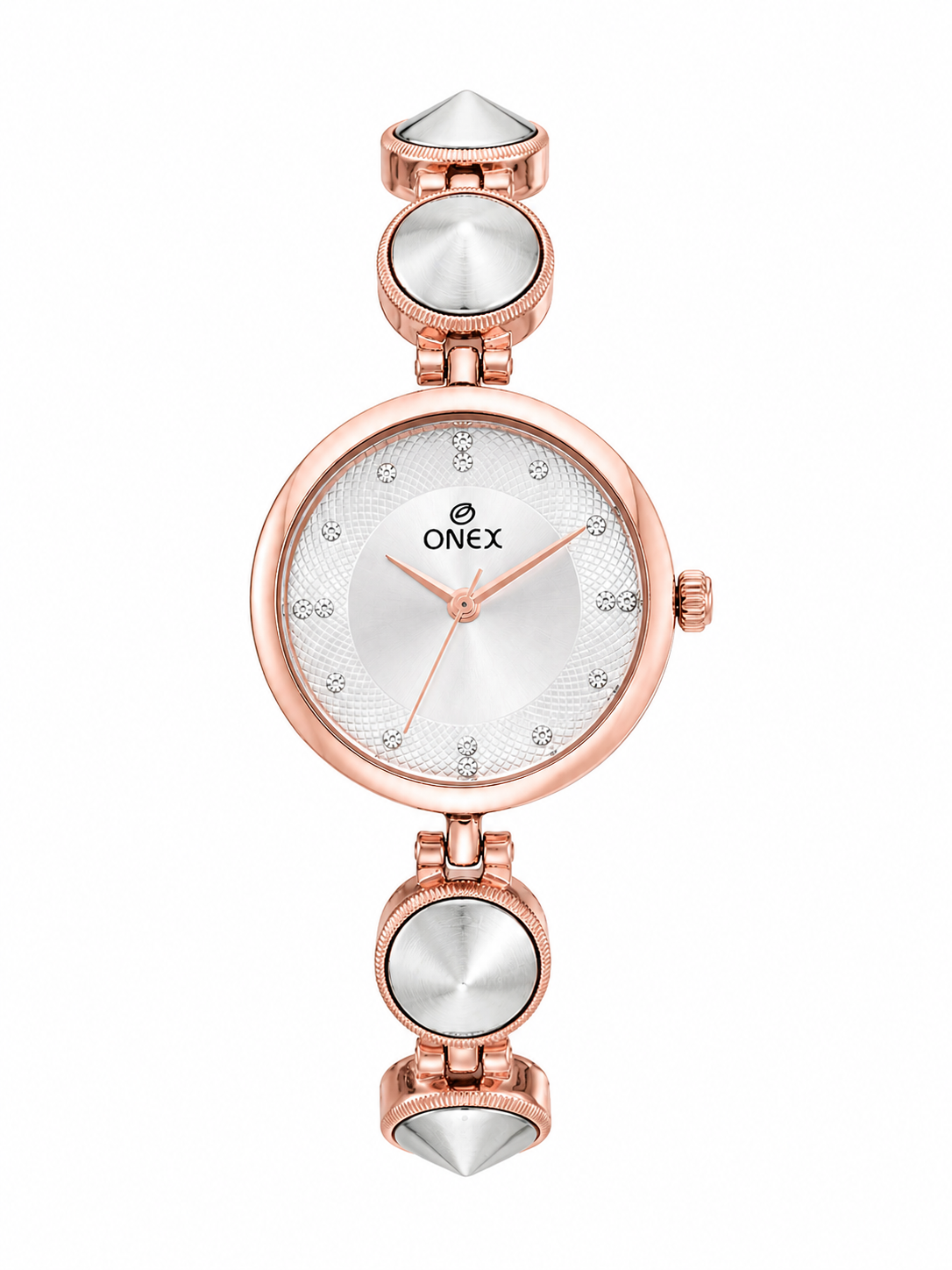 Onex Women’s Rose Gold Designer Bracelet Watch with Silver Textured Dial