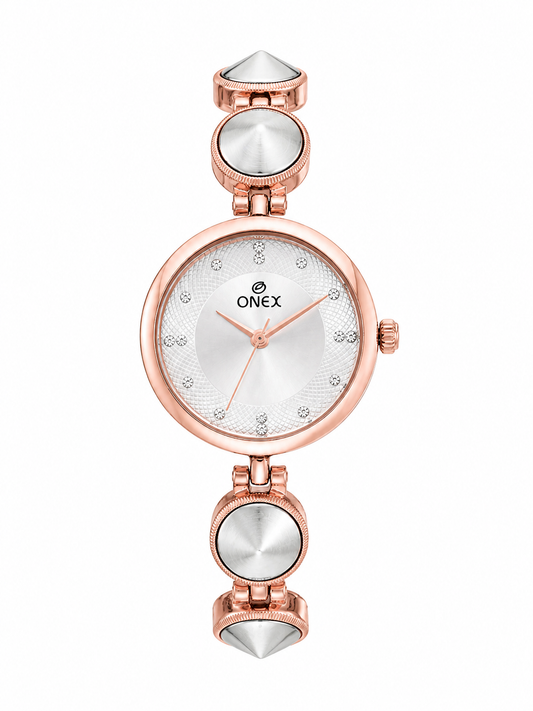 Onex Women’s Rose Gold Designer Bracelet Watch with Silver Textured Dial