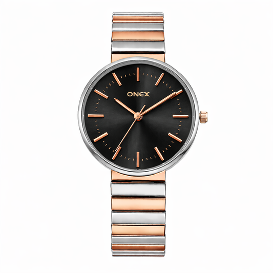 Onex Women’s Two Tone Bracelet Watch with Black Dial – Elegant Slim Analog Wrist Watch