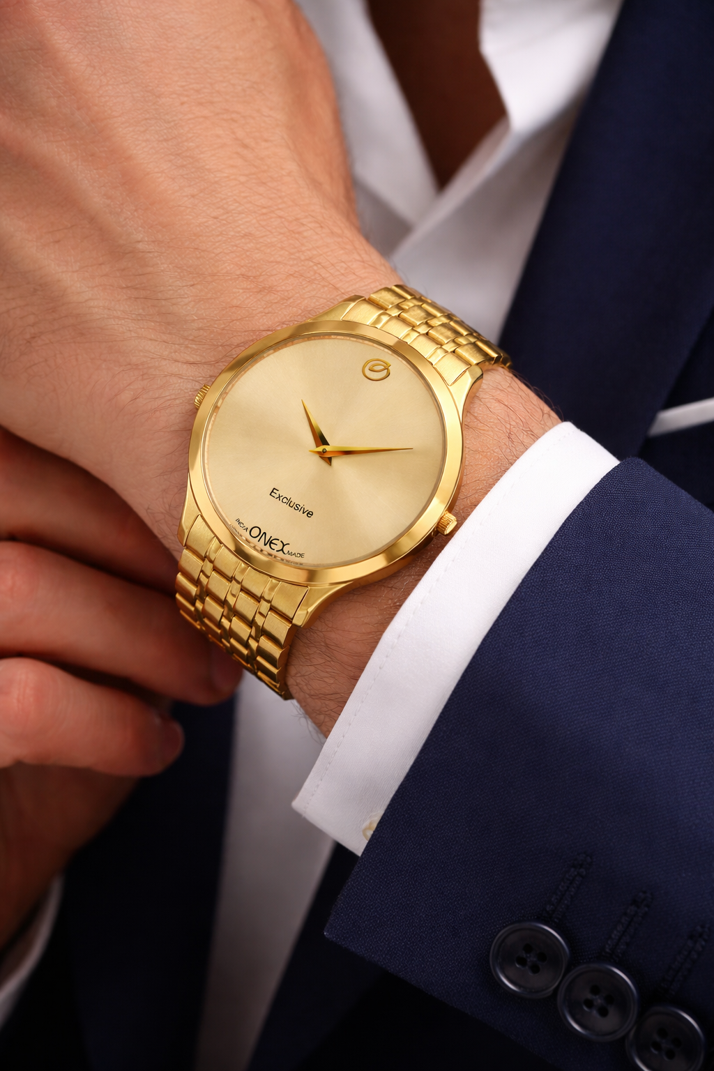 ONEX Exclusive Men’s Gold Analog Wrist Watch | Stainless Steel Metal Strap | Elegant Formal Watch