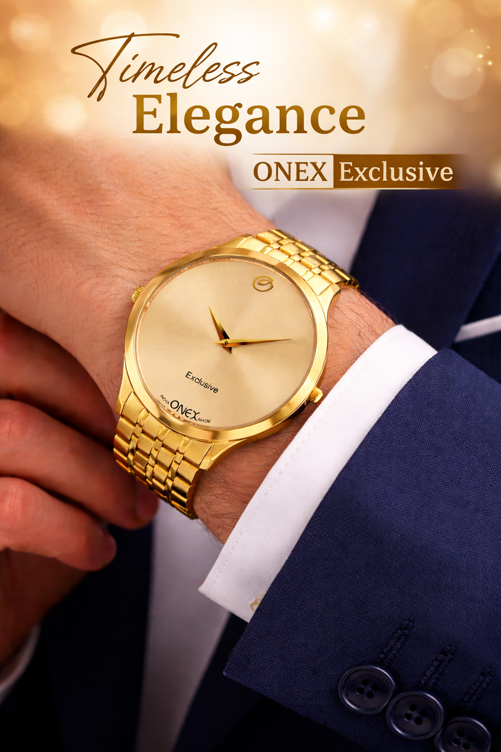 ONEX Exclusive Men’s Gold Analog Wrist Watch | Stainless Steel Metal Strap | Elegant Formal Watch