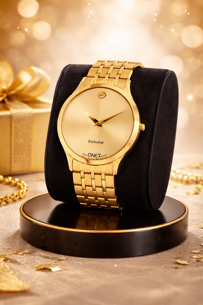 ONEX Exclusive Men’s Gold Analog Wrist Watch | Stainless Steel Metal Strap | Elegant Formal Watch