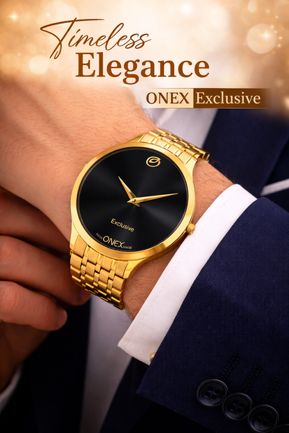 ONEX Exclusive Men’s Gold Analog Wrist Watch | Stainless Steel Metal Strap | Elegant Formal Watch