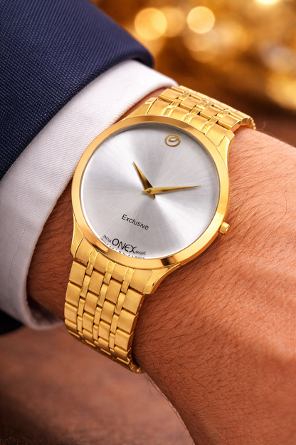 ONEX Exclusive Men’s Gold Analog Wrist Watch | Stainless Steel Metal Strap | Elegant Formal Watch