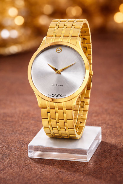 ONEX Exclusive Men’s Gold Analog Wrist Watch | Stainless Steel Metal Strap | Elegant Formal Watch