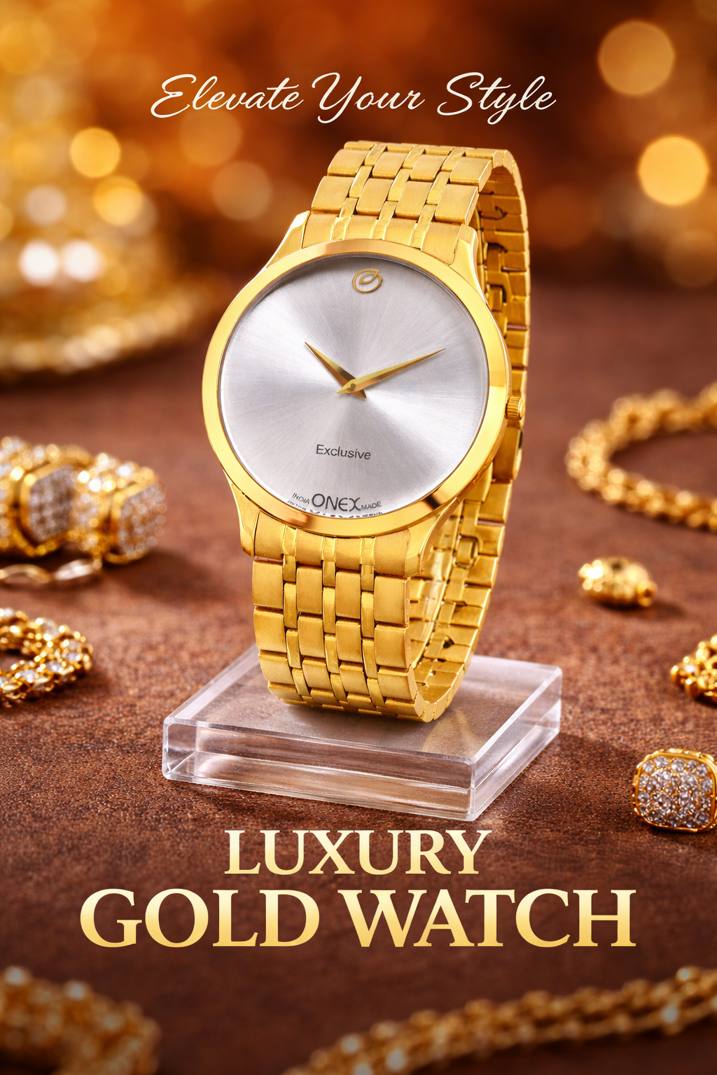 ONEX Exclusive Men’s Gold Analog Wrist Watch | Stainless Steel Metal Strap | Elegant Formal Watch