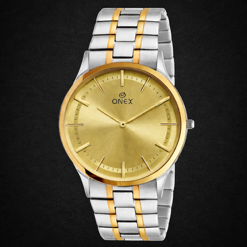 ONEX Men’s Analog Watch | Gold Dial with Two-Tone Stainless Steel Strap | Classic Formal Wrist Watch