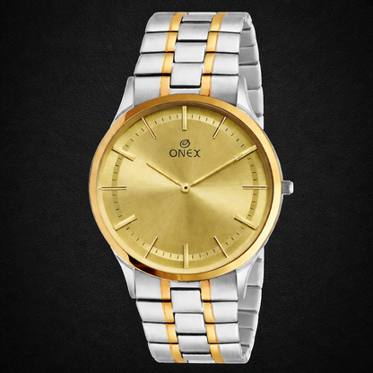 ONEX Men’s Analog Watch | Gold Dial with Two-Tone Stainless Steel Strap | Classic Formal Wrist Watch
