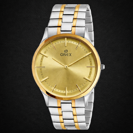 ONEX Men’s Analog Watch | Gold Dial with Two-Tone Stainless Steel Strap | Classic Formal Wrist Watch