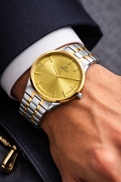 ONEX Men’s Analog Watch | Gold Dial with Two-Tone Stainless Steel Strap | Classic Formal Wrist Watch