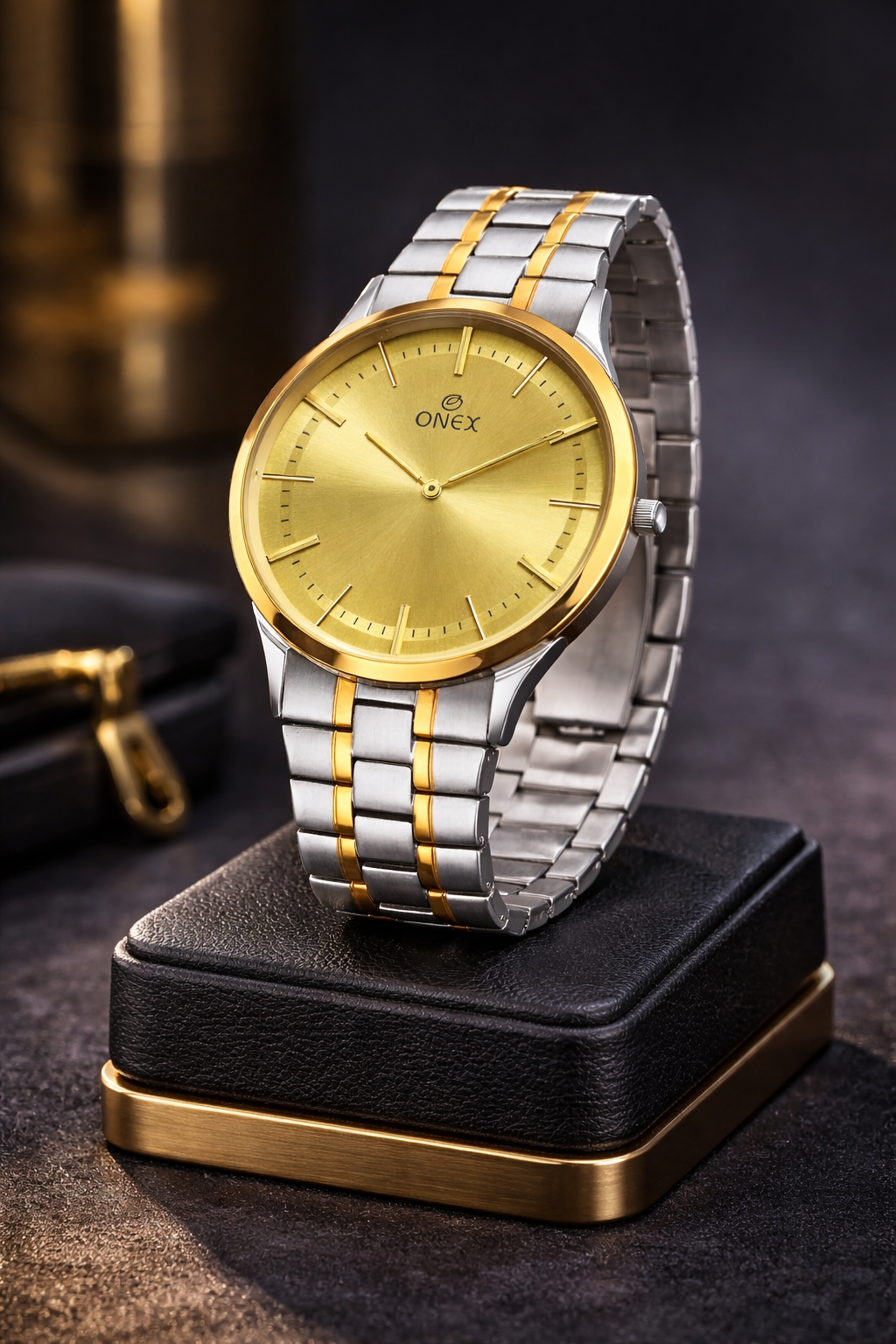 ONEX Men’s Analog Watch | Gold Dial with Two-Tone Stainless Steel Strap | Classic Formal Wrist Watch