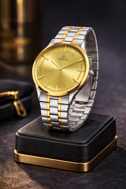 ONEX Men’s Analog Watch | Gold Dial with Two-Tone Stainless Steel Strap | Classic Formal Wrist Watch