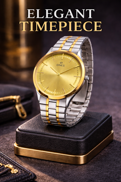 ONEX Men’s Analog Watch | Gold Dial with Two-Tone Stainless Steel Strap | Classic Formal Wrist Watch