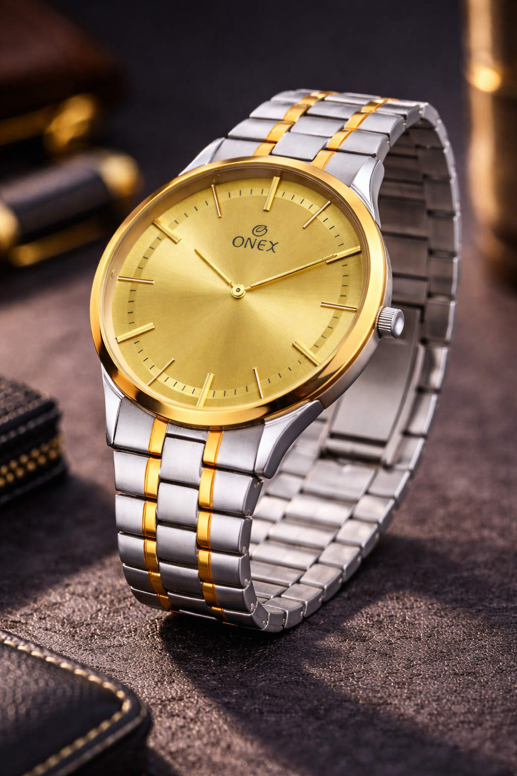 ONEX Men’s Analog Watch | Gold Dial with Two-Tone Stainless Steel Strap | Classic Formal Wrist Watch
