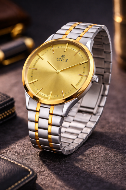 ONEX Men’s Analog Watch | Gold Dial with Two-Tone Stainless Steel Strap | Classic Formal Wrist Watch
