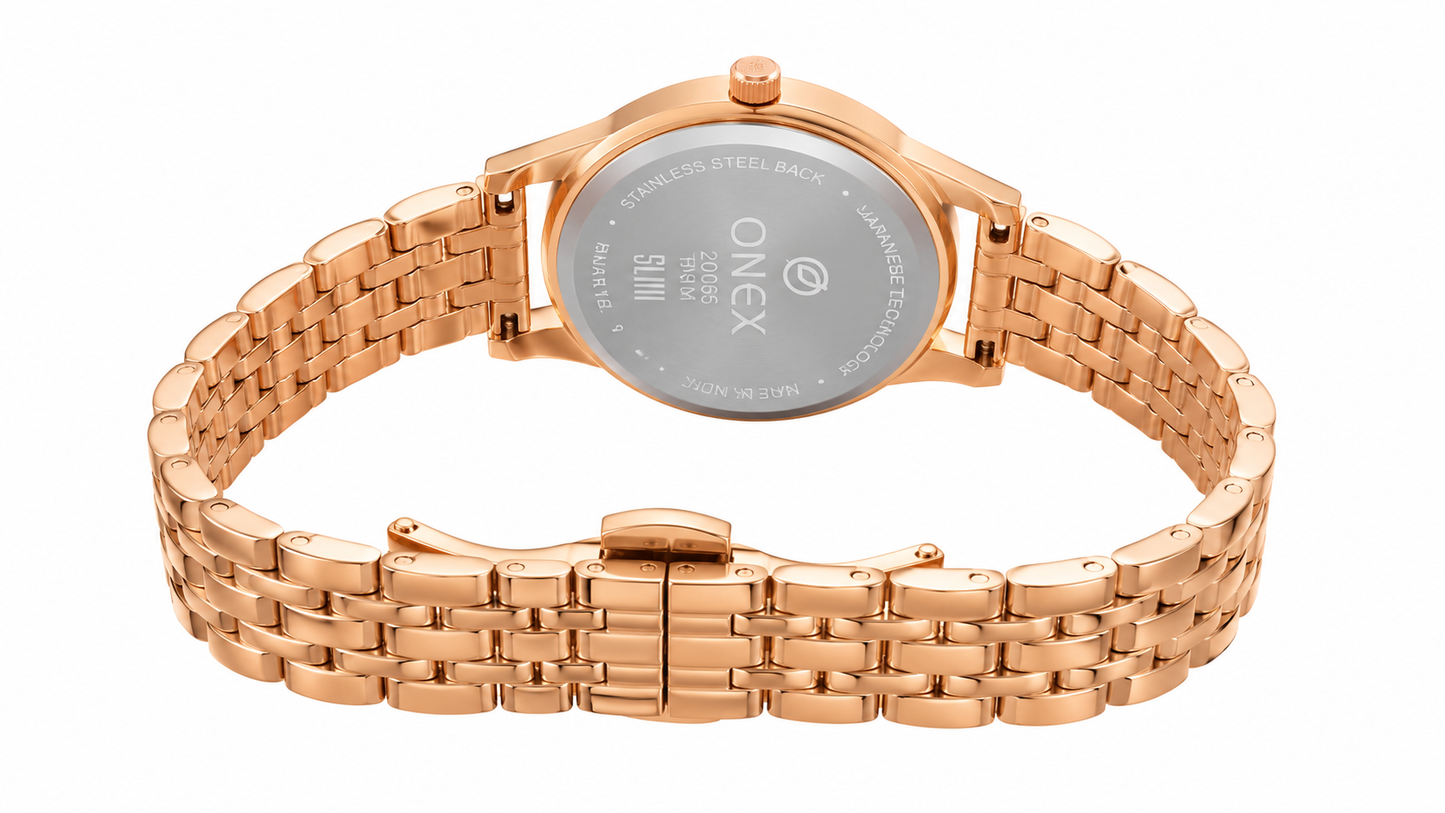 ONEX Women's Rose Gold Analog Watch with Light Blue Mother of Pearl Dial, Crystal Hour Markers & Butterfly Design | Premium Stainless Steel Bracelet | Elegant Fashion Wrist Watch