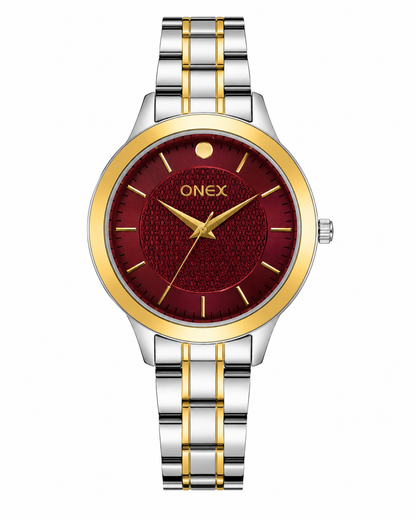 ONEX Women's Analog Quartz Watch for Women | Brown Textured Dial | Two-Tone Stainless Steel Bracelet | Premium Casual & Formal Wrist Watch