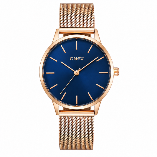 ONEX Women's Rose Gold Mesh Strap Analog Watch | Minimalist Round Blue Dial | Premium Quartz Wrist Watch for Women
