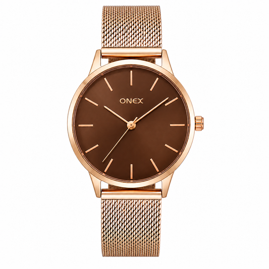 ONEX Women's Rose Gold Mesh Strap Analog Watch | Minimalist Round Brown Dial | Premium Quartz Wrist Watch for Women