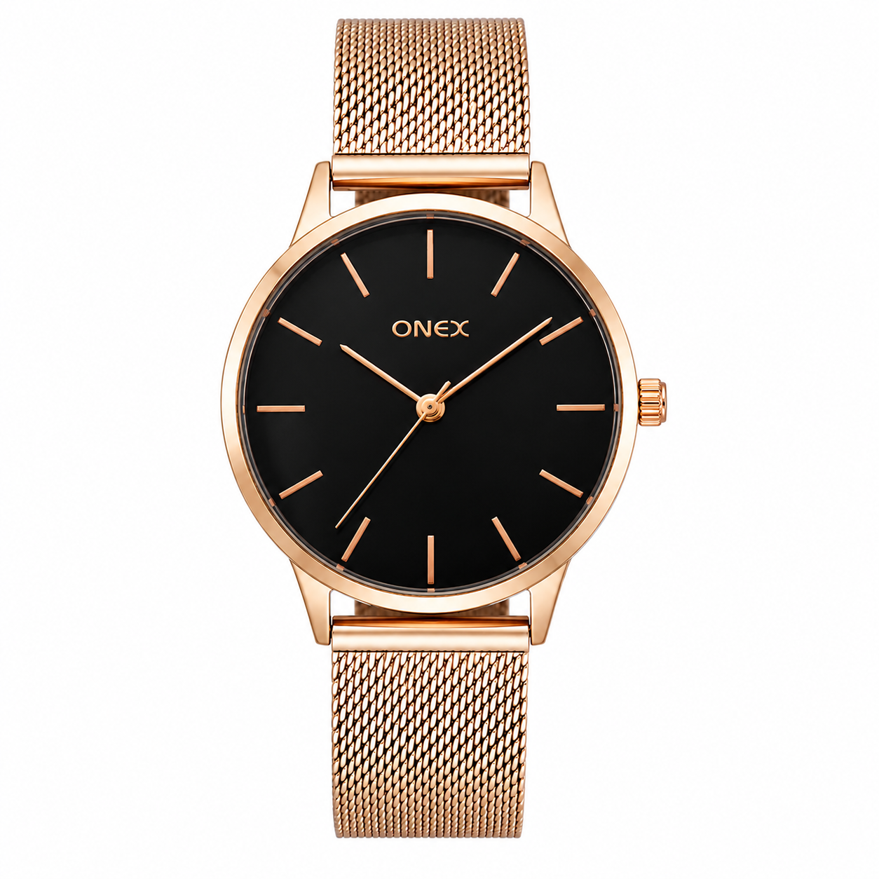 ONEX Women's Rose Gold Mesh Strap Analog Watch | Minimalist Round Black Dial | Premium Quartz Wrist Watch for Women