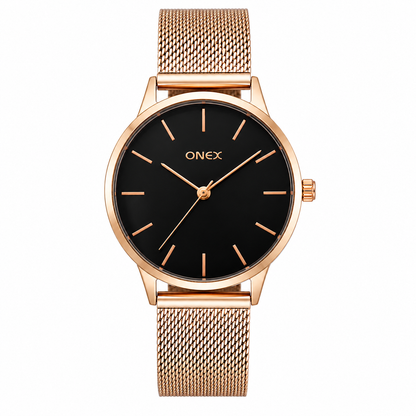 ONEX Women's Rose Gold Mesh Strap Analog Watch | Minimalist Round Black Dial | Premium Quartz Wrist Watch for Women