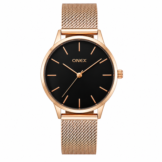 ONEX Women's Rose Gold Mesh Strap Analog Watch | Minimalist Round Black Dial | Premium Quartz Wrist Watch for Women