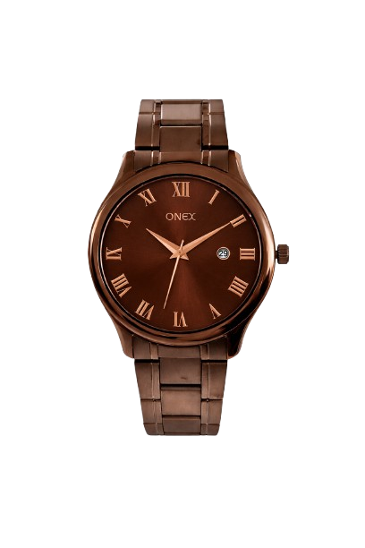 ONEX Men’s Analog Watch with Date | Brown Sunray Dial | Brown Stainless Steel Strap | Roman Index Classic Gents Wrist Watch