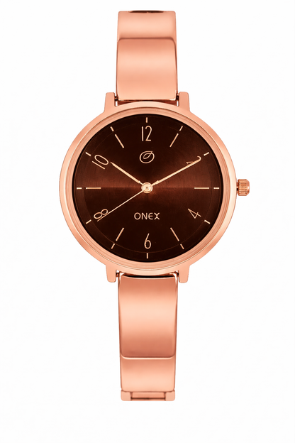 Onex Elegant Rose Gold Bracelet Watch with Deep Brown Sunray Dial for Women