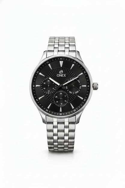 ONEX Men's Premium Multifunction Analog Watch for Men | Black Sunray Dial | Silver Stainless Steel Bracelet | Quartz Movement | Stylish Casual & Formal Wrist Watch