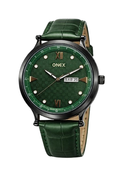 ONEX Men’s Analog Watch with Day & Date Display, Green Textured Dial, Green Leather Strap, Roman Index – Stylish Formal Wrist Watch for Men