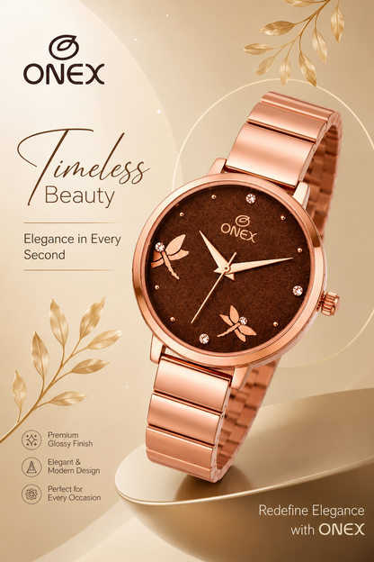 Onex Women’s Rose Gold Bracelet Watch with Crystal Markers & Dragonfly Dial