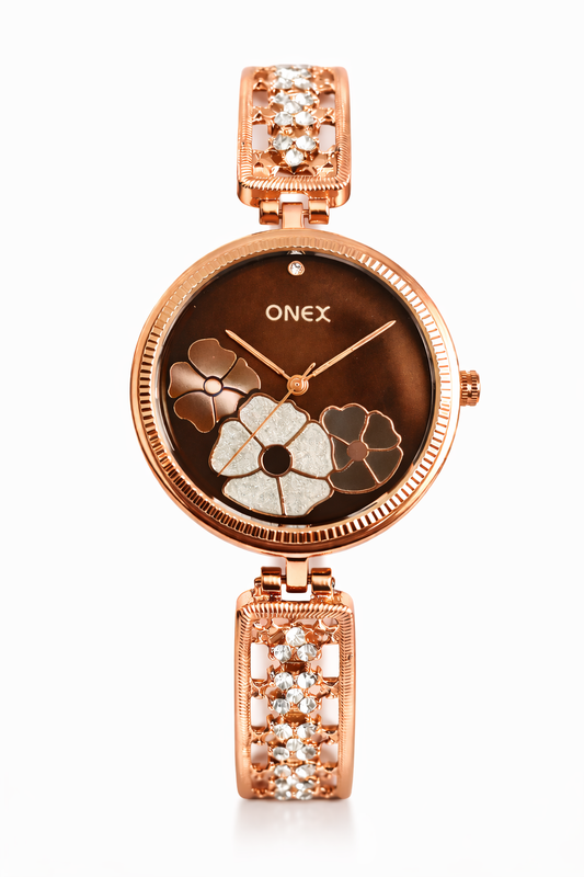 ONEX Women's Rose Gold Floral Designer Analog Watch with Brown Dial & Crystal Bracelet | Premium Quartz Wrist Watch